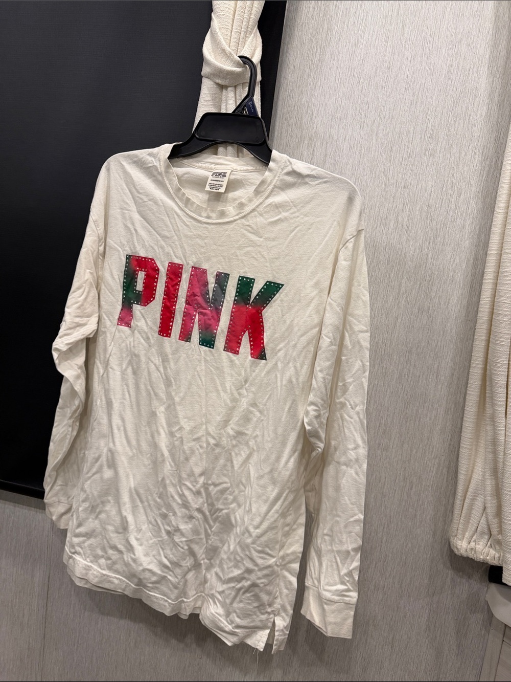PINK Victoria's Secret White Long Sleeve Tee with Pink & Green Logo